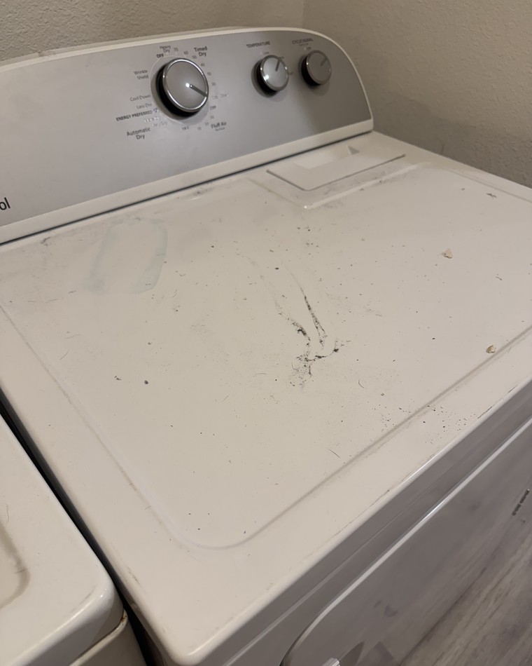 Dryer top before cleaning, covered in lint, dust and dark scuff marks