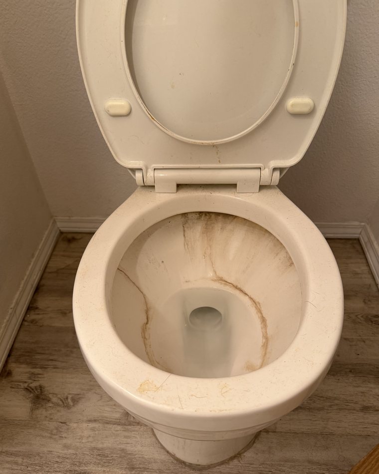 Toilet bowl before cleaning, with heavy rust-coloured mineral staining around the waterline